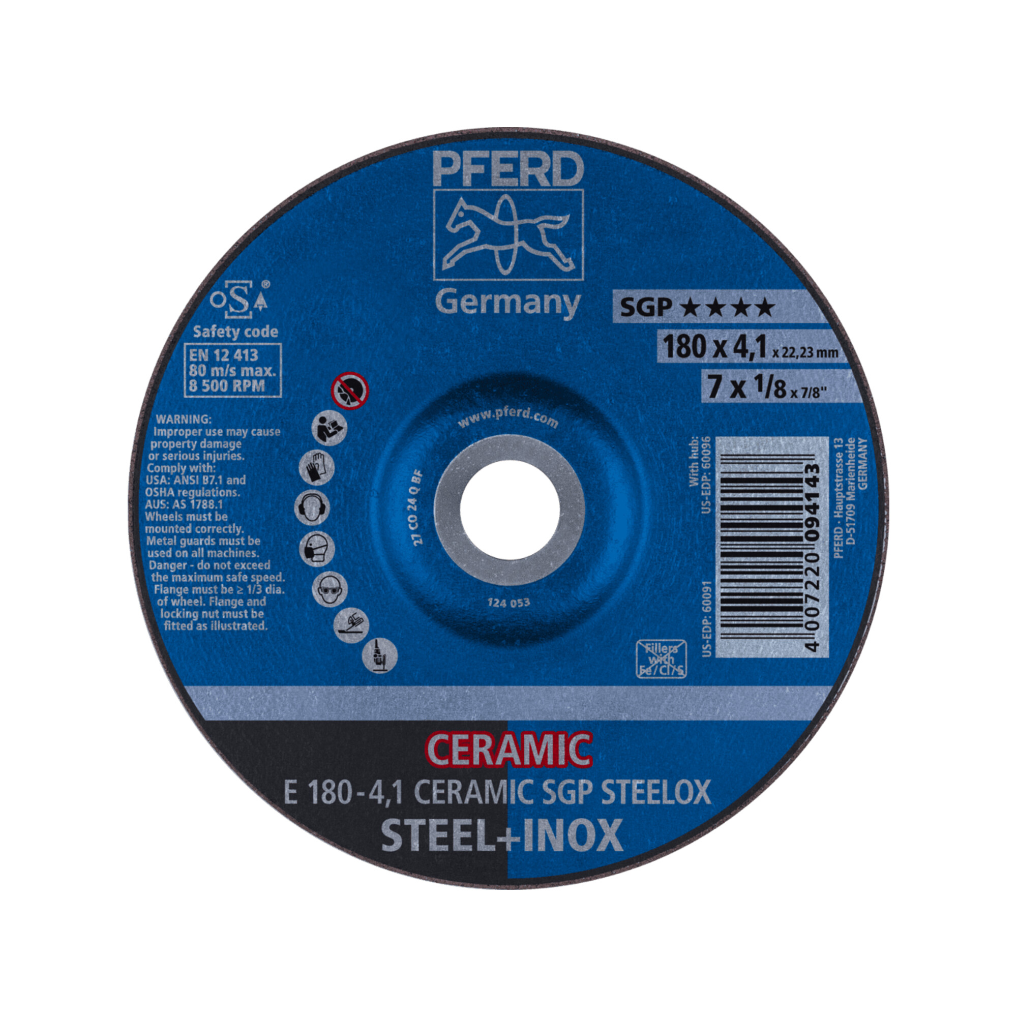 PFERD TOOLS Schruppscheibe E 180x4,1x22,23 mm CERAMIC Leistungslinie SG STEELOX für Stahl/Edelstahl