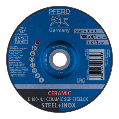 PFERD TOOLS Schruppscheibe E 180x4,1x22,23 mm CERAMIC Leistungslinie SG STEELOX für Stahl/Edelstahl