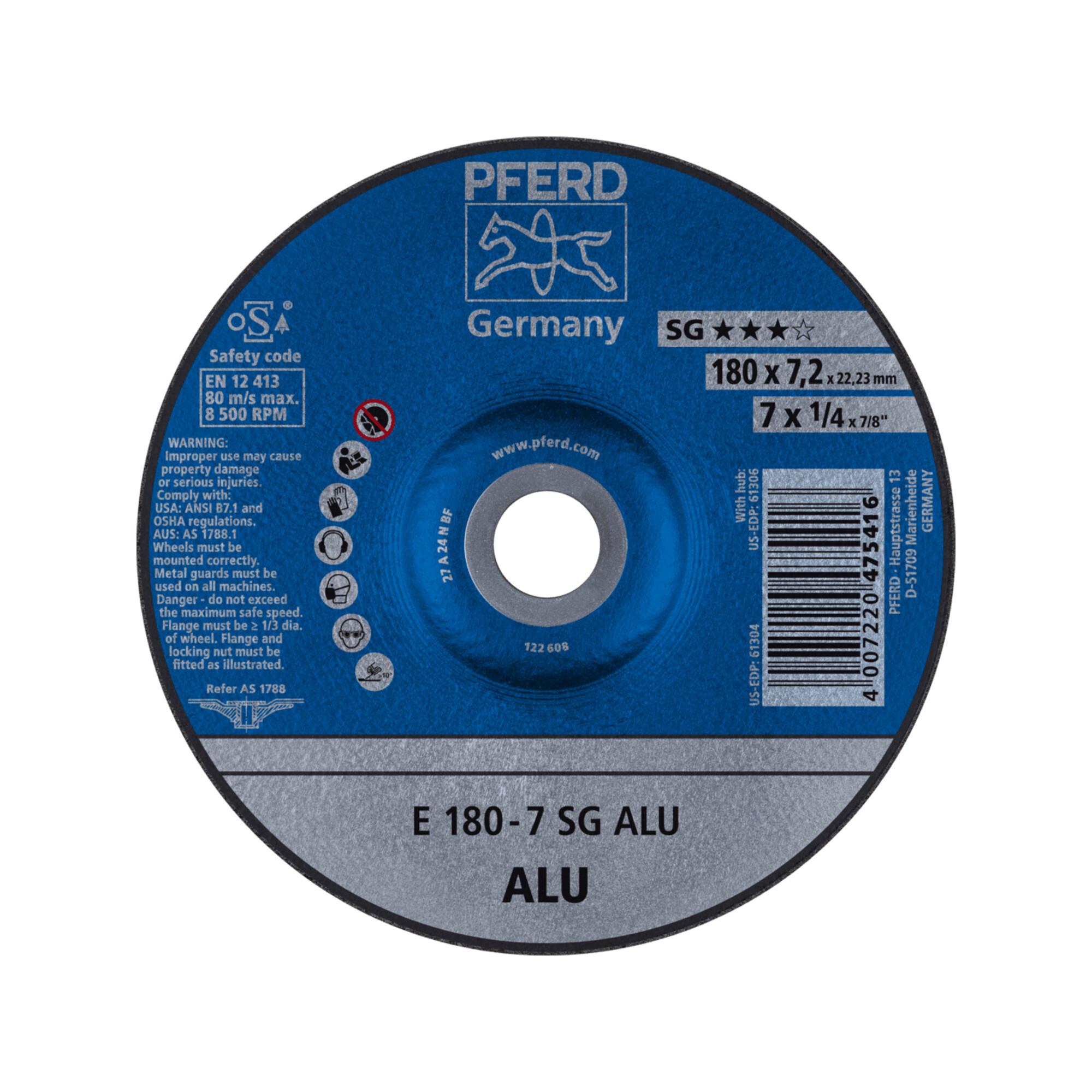 PFERD TOOLS Schruppscheibe E 180x7,2x22,23 mm Leistungslinie SG ALU für Alu