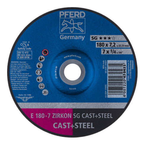 PFERD TOOLS Schruppscheibe E 180x7,2x22,23 mm ZIRKON Leistungslinie SG CAST+STEEL für Guss/Stahl