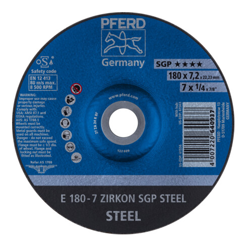 PFERD TOOLS Schruppscheibe E 180x7,2x22,23 mm ZIRKON Speziallinie SGP STEEL für Stahl