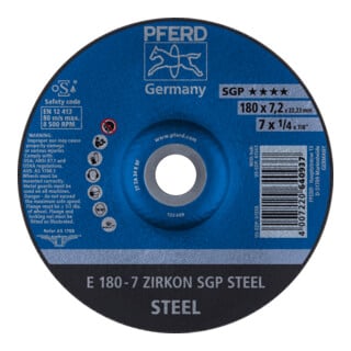PFERD TOOLS Schruppscheibe E 180x7,2x22,23 mm ZIRKON Speziallinie SGP STEEL für Stahl