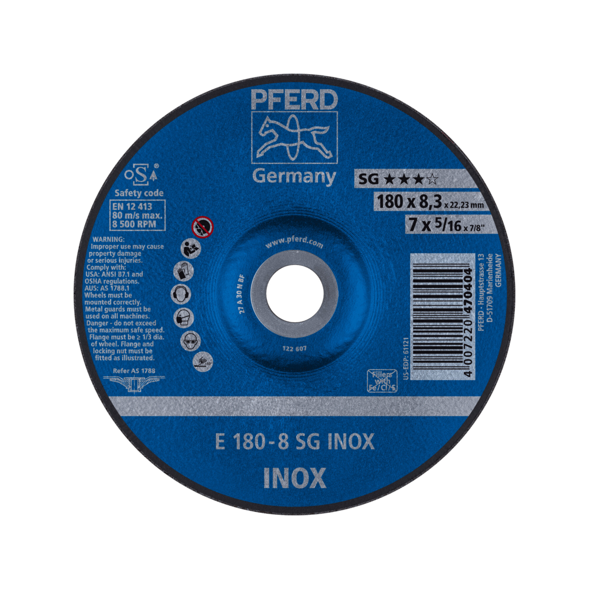 PFERD TOOLS Schruppscheibe E 180x8,3x22,23 mm Leistungslinie SG INOX für Edelstahl