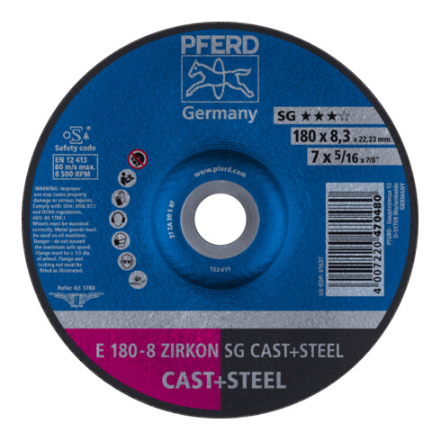 PFERD TOOLS Schruppscheibe E 180x8,3x22,23 mm ZIRKON Leistungslinie SG CAST+STEEL für Guss/Stahl