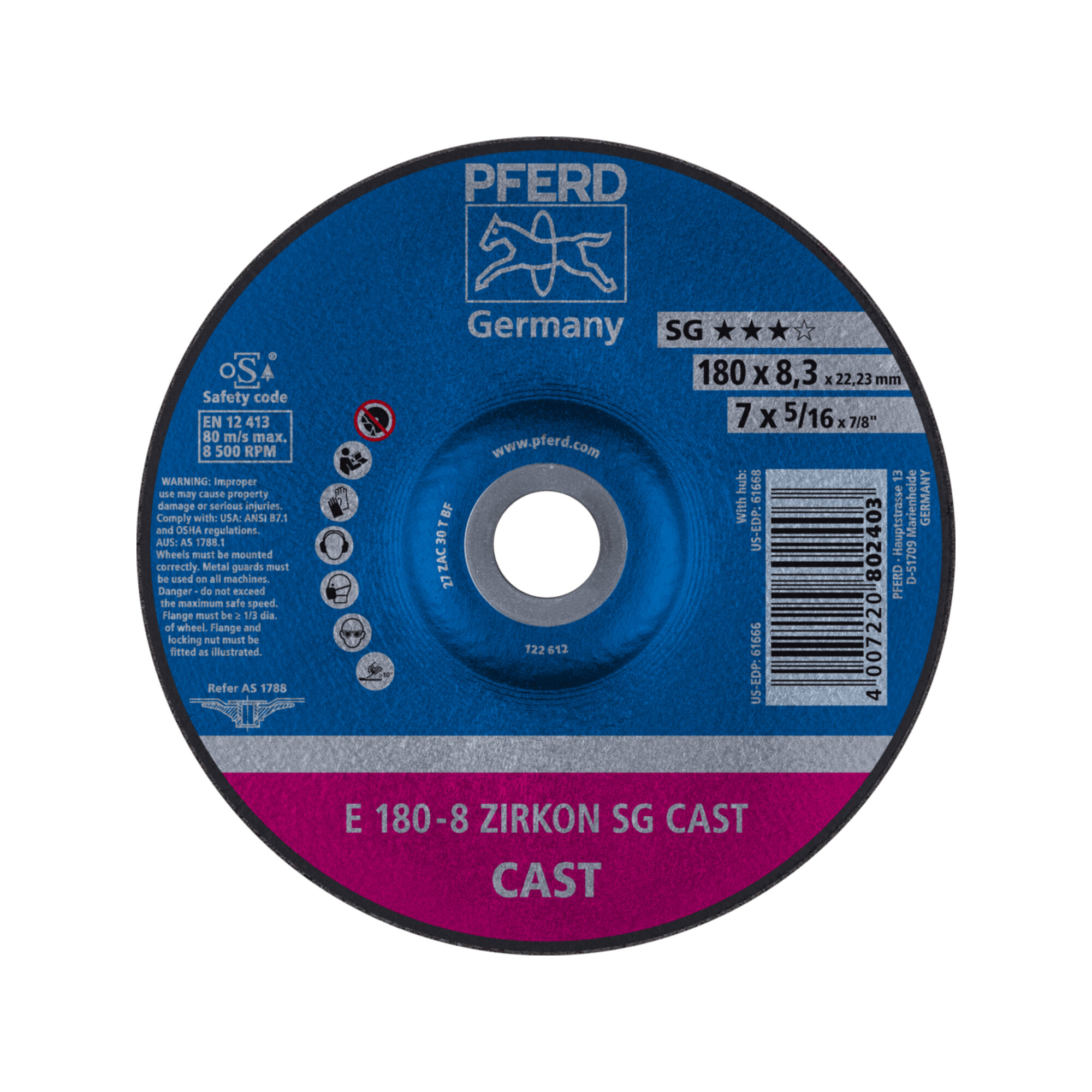 PFERD TOOLS Schruppscheibe E 180x8,3x22,23 mm ZIRKON Speziallinie SGP CAST für Guss