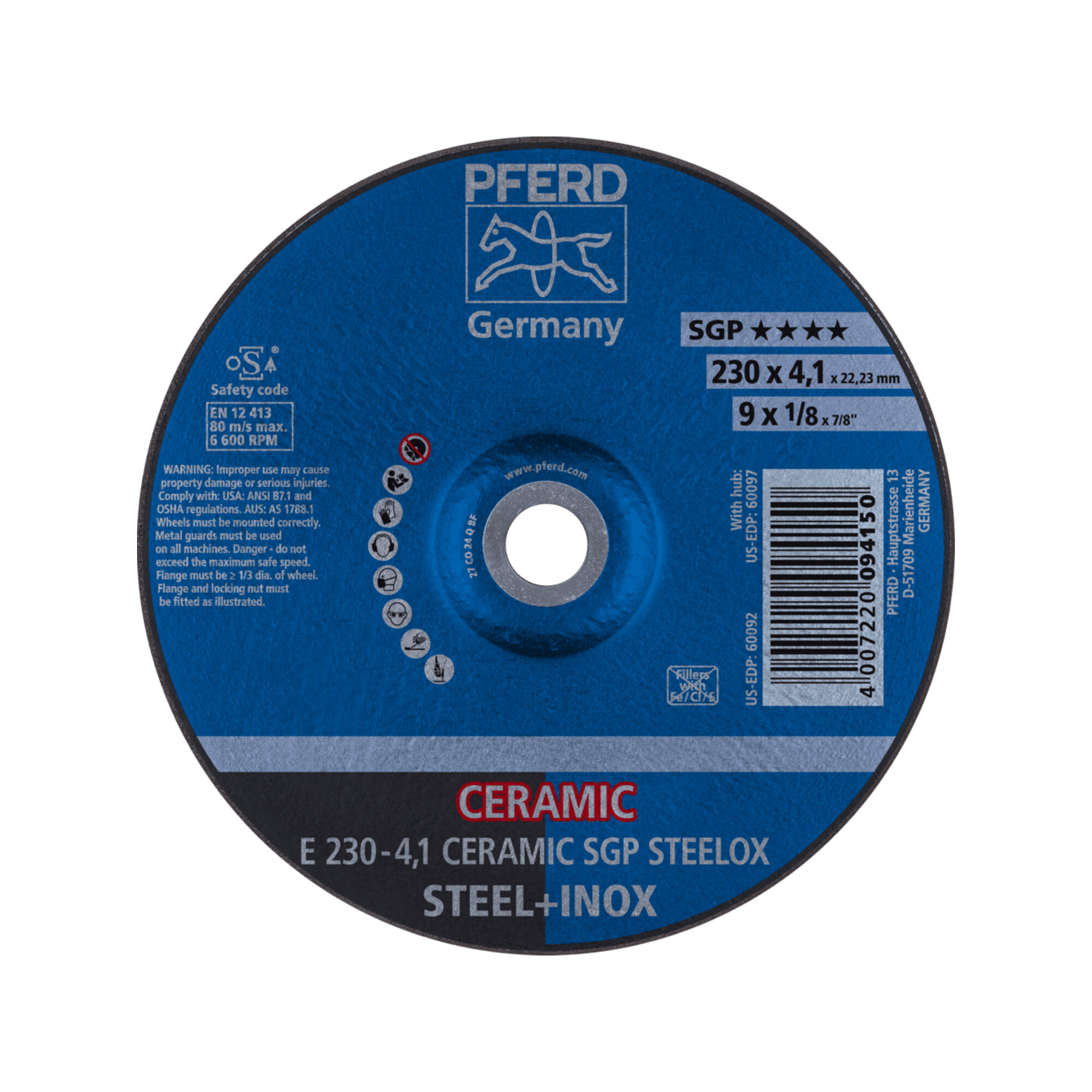PFERD TOOLS Schruppscheibe E 230x4,1x22,23 mm CERAMIC Leistungslinie SG STEELOX für Stahl/Edelstahl