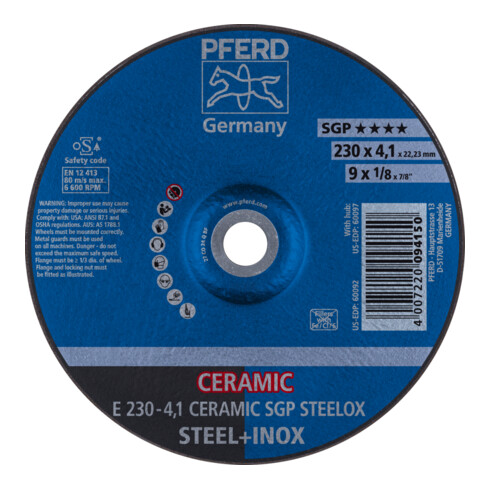 PFERD TOOLS Schruppscheibe E 230x4,1x22,23 mm CERAMIC Leistungslinie SG STEELOX für Stahl/Edelstahl