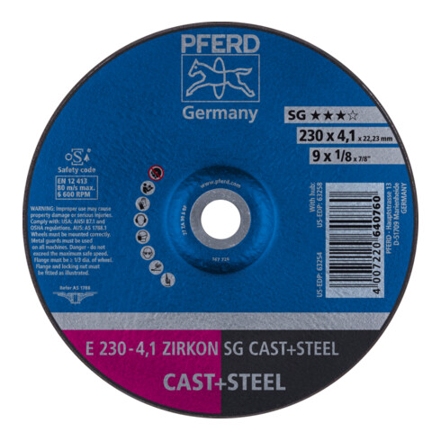 PFERD TOOLS Schruppscheibe E 230x4,1x22,23 mm ZIRKON Leistungslinie SG CAST+STEEL für Guss/Stahl