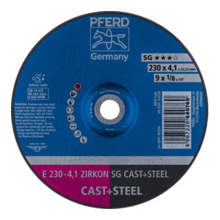 PFERD TOOLS Schruppscheibe E 230x4,1x22,23 mm ZIRKON Leistungslinie SG CAST+STEEL für Guss/Stahl