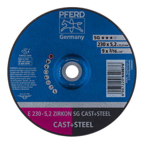 PFERD TOOLS Schruppscheibe E 230x5,2x22,23 mm ZIRKON Leistungslinie SG CAST+STEEL für Guss/Stahl