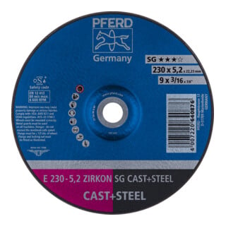 PFERD TOOLS Schruppscheibe E 230x5,2x22,23 mm ZIRKON Leistungslinie SG CAST+STEEL für Guss/Stahl