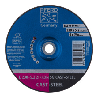PFERD TOOLS Schruppscheibe E 230x5,2x22,23 mm ZIRKON Leistungslinie SG CAST+STEEL für Guss/Stahl