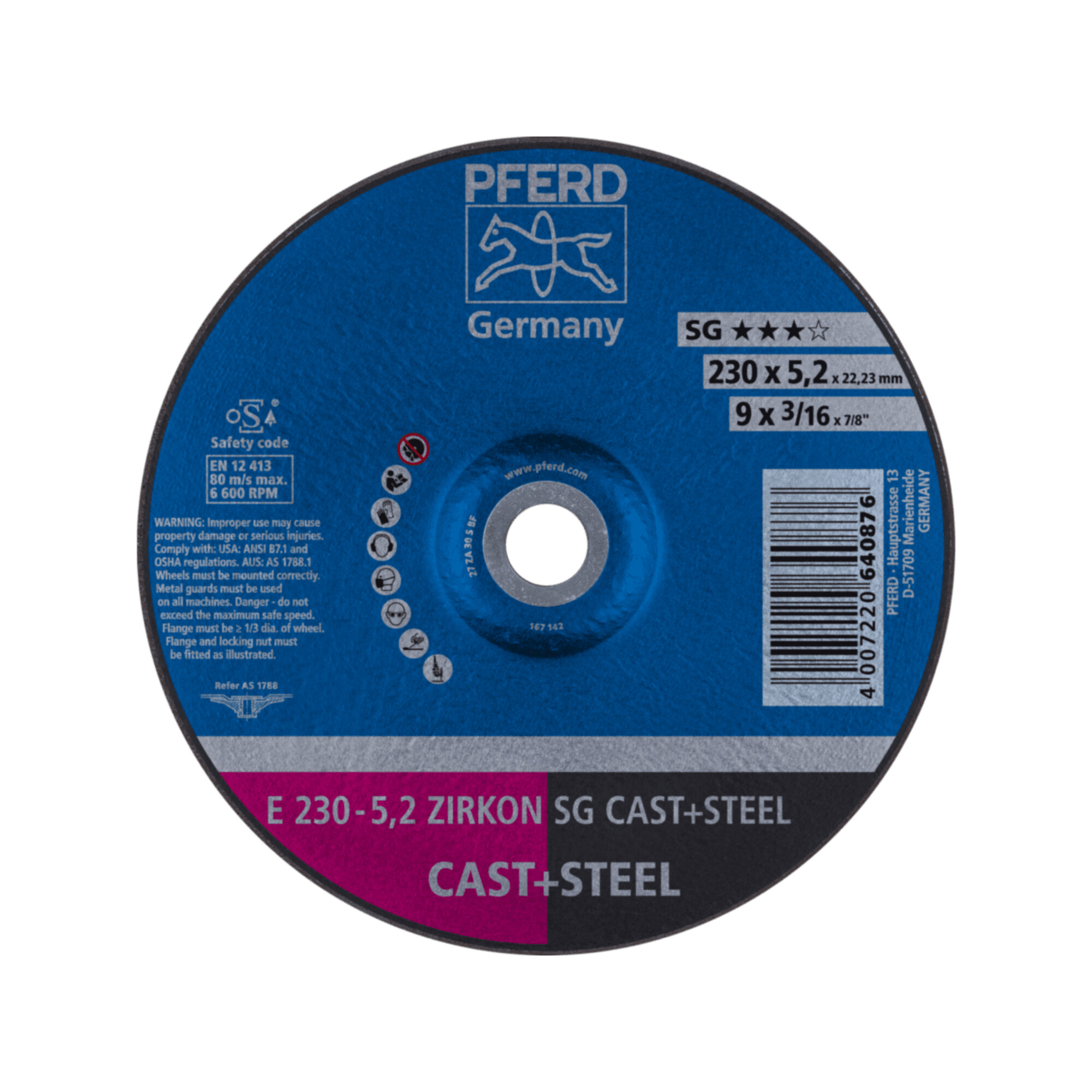PFERD TOOLS Schruppscheibe E 230x5,2x22,23 mm ZIRKON Leistungslinie SG CAST+STEEL für Guss/Stahl