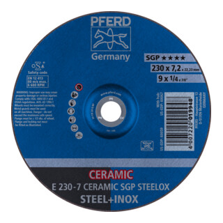 PFERD TOOLS Schruppscheibe E 230x7,2x22,23 mm CERAMIC Leistungslinie SGP STEELOX für Stahl/Edelstahl