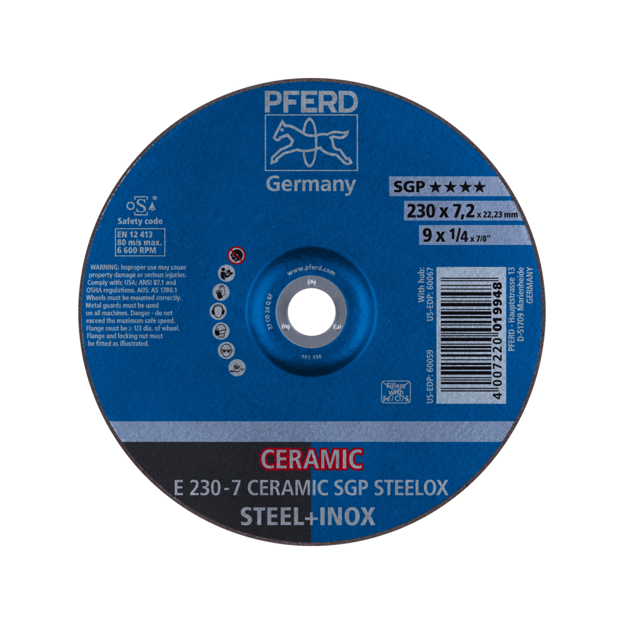 PFERD TOOLS Schruppscheibe E 230x7,2x22,23 mm CERAMIC Leistungslinie SGP STEELOX für Stahl/Edelstahl