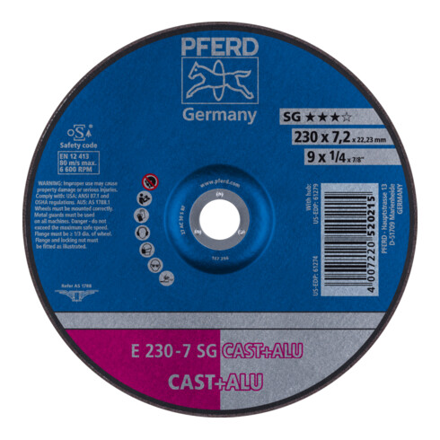 PFERD TOOLS Schruppscheibe E 230x7,2x22,23 mm Leistungslinie SG CAST+ALU für Guss/Alu