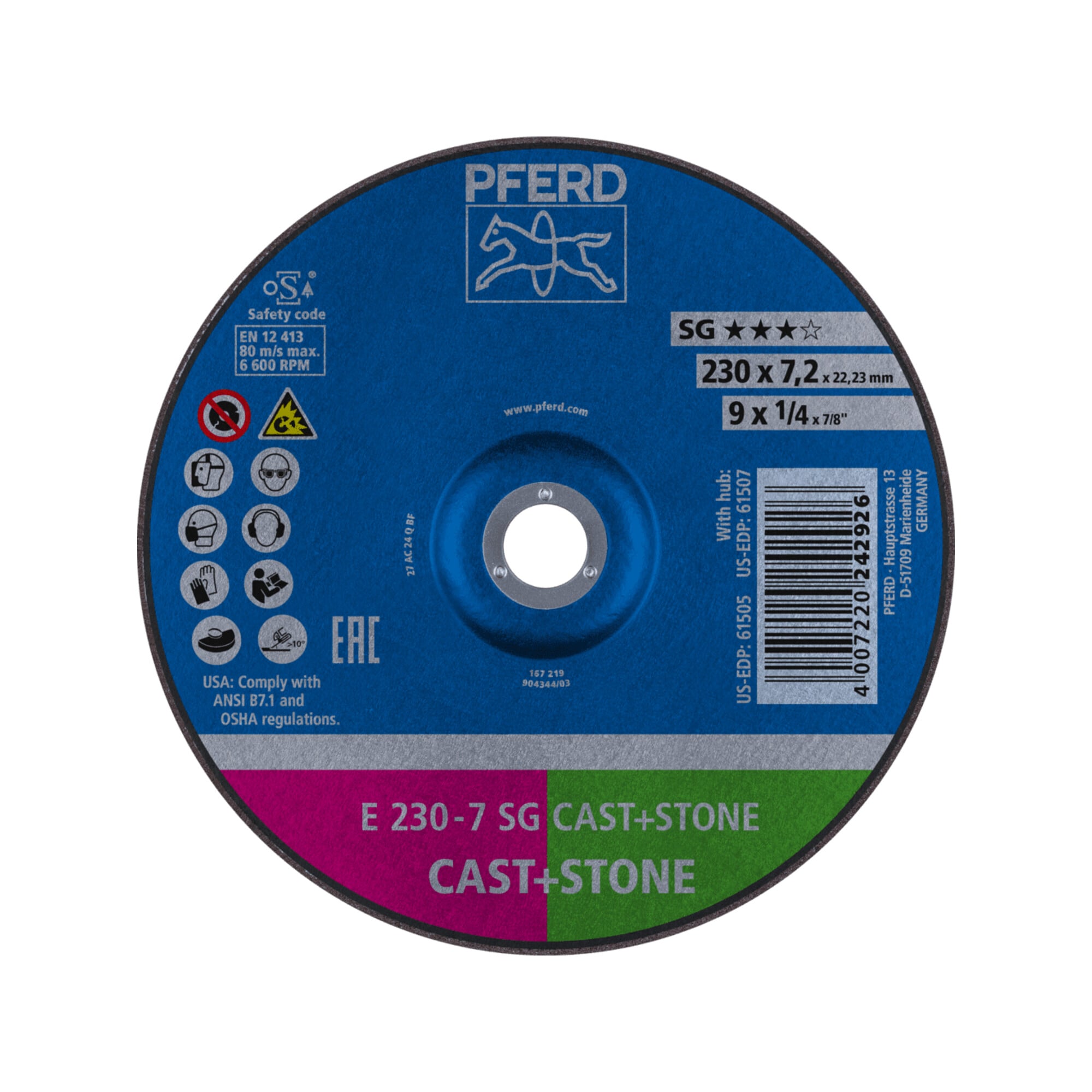 PFERD TOOLS Schruppscheibe E 230x7,2x22,23 mm Leistungslinie SG CAST+STONE für Guss/Stein