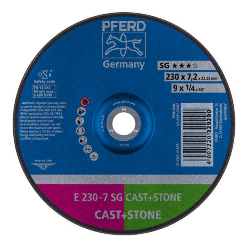 PFERD TOOLS Schruppscheibe E 230x7,2x22,23 mm Leistungslinie SG CAST+STONE für Guss/Stein
