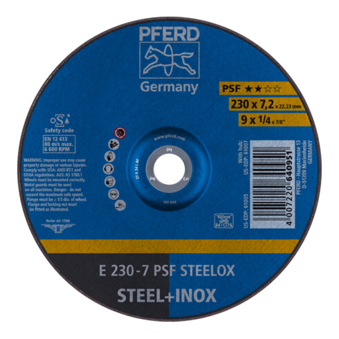PFERD TOOLS Schruppscheibe E 230x7,2x22,23 mm Universallinie PSF STEELOX für Stahl/Edelstahl