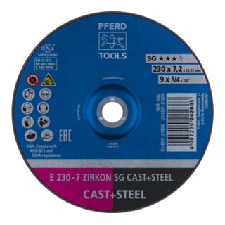 PFERD TOOLS Schruppscheibe E 230x7,2x22,23 mm ZIRKON Leistungslinie SG CAST+STEEL für Guss/Stahl