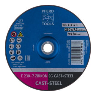 PFERD TOOLS Schruppscheibe E 230x7,2x22,23 mm ZIRKON Leistungslinie SG CAST+STEEL für Guss/Stahl