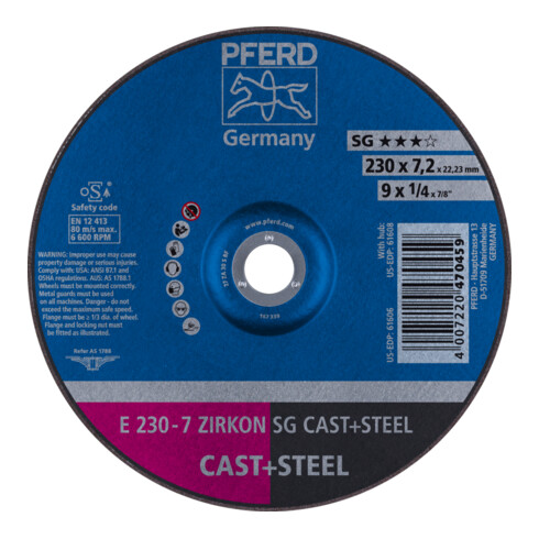 PFERD TOOLS Schruppscheibe E 230x7,2x22,23 mm ZIRKON Leistungslinie SG CAST+STEEL für Guss/Stahl