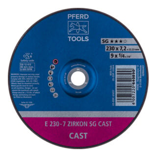 PFERD TOOLS Schruppscheibe E 230x7,2x22,23 mm ZIRKON Speziallinie SG CAST für Guss