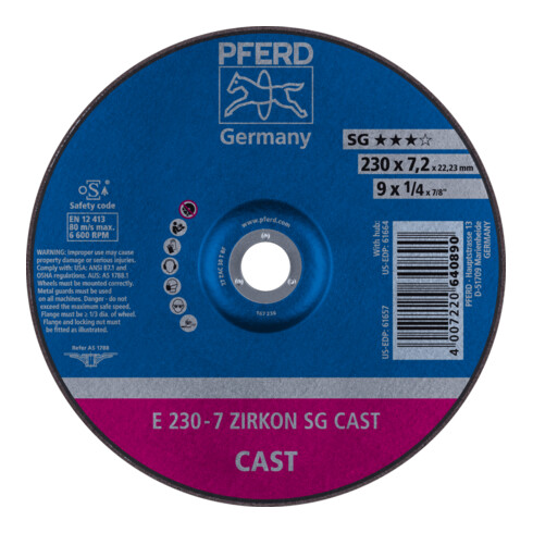 PFERD TOOLS Schruppscheibe E 230x7,2x22,23 mm ZIRKON Speziallinie SG CAST für Guss