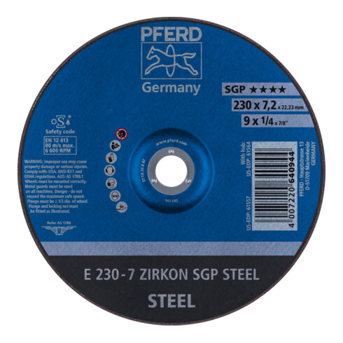 PFERD TOOLS Schruppscheibe E 230x7,2x22,23 mm ZIRKON Speziallinie SGP STEEL für Stahl