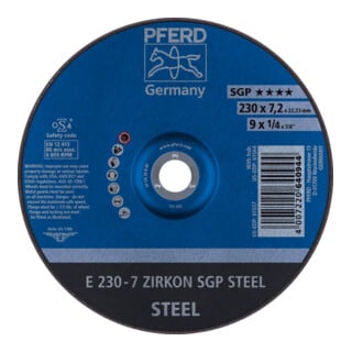 PFERD TOOLS Schruppscheibe E 230x7,2x22,23 mm ZIRKON Speziallinie SGP STEEL für Stahl