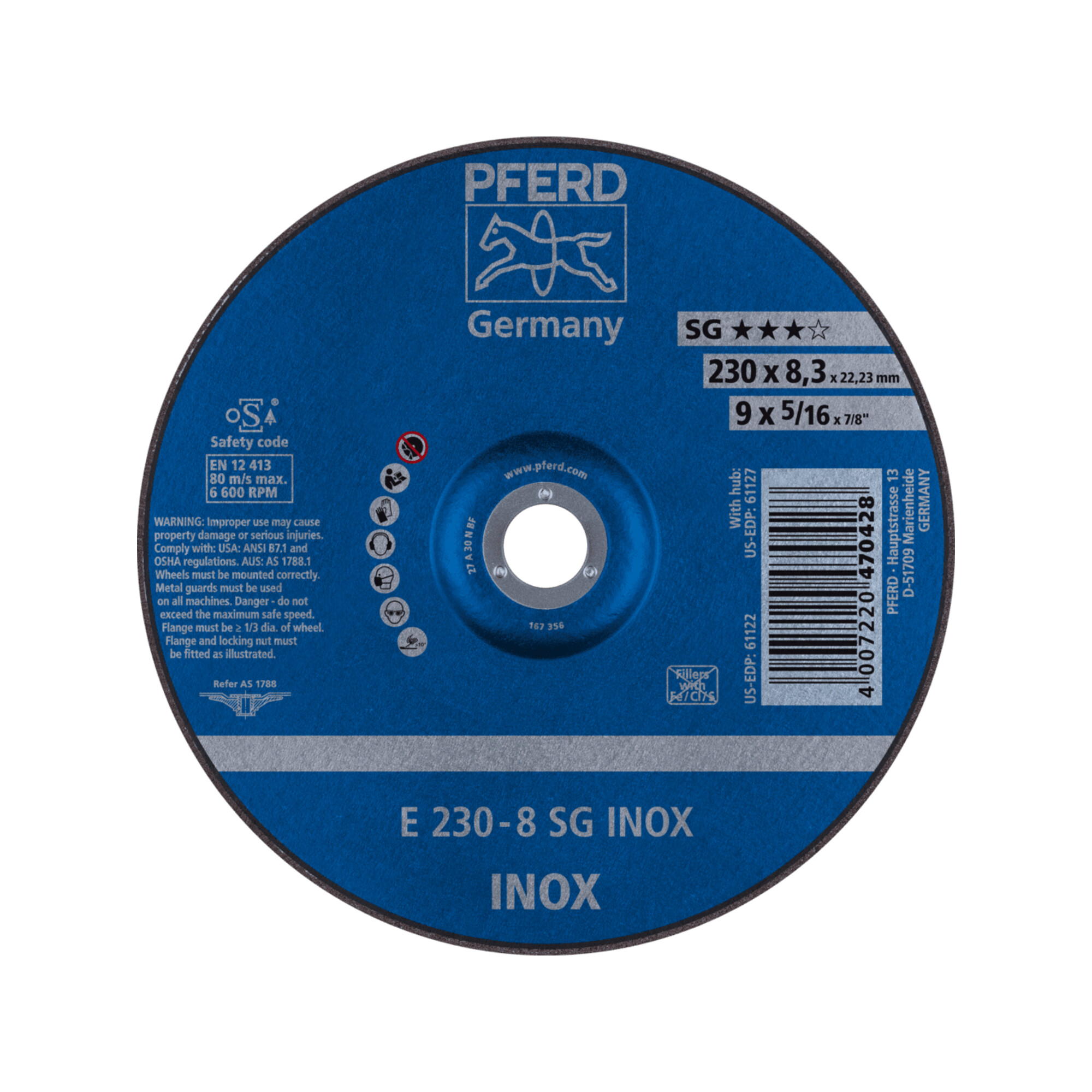 PFERD TOOLS Schruppscheibe E 230x8,3x22,23 mm Leistungslinie SG INOX für Edelstahl