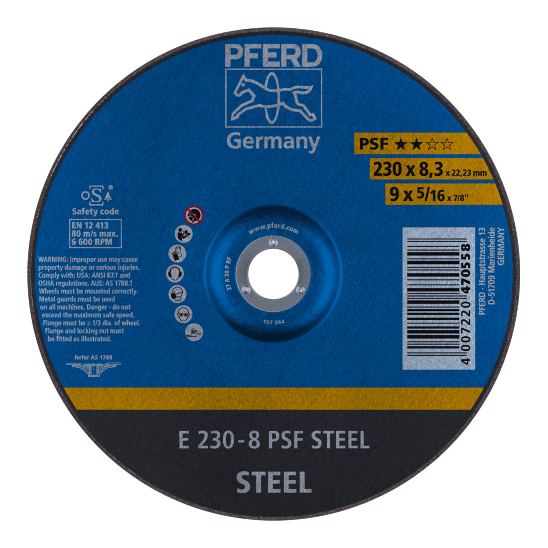 PFERD TOOLS Schruppscheibe E 230x8,3x22,23 mm Universallinie PSF STEEL für Stahl