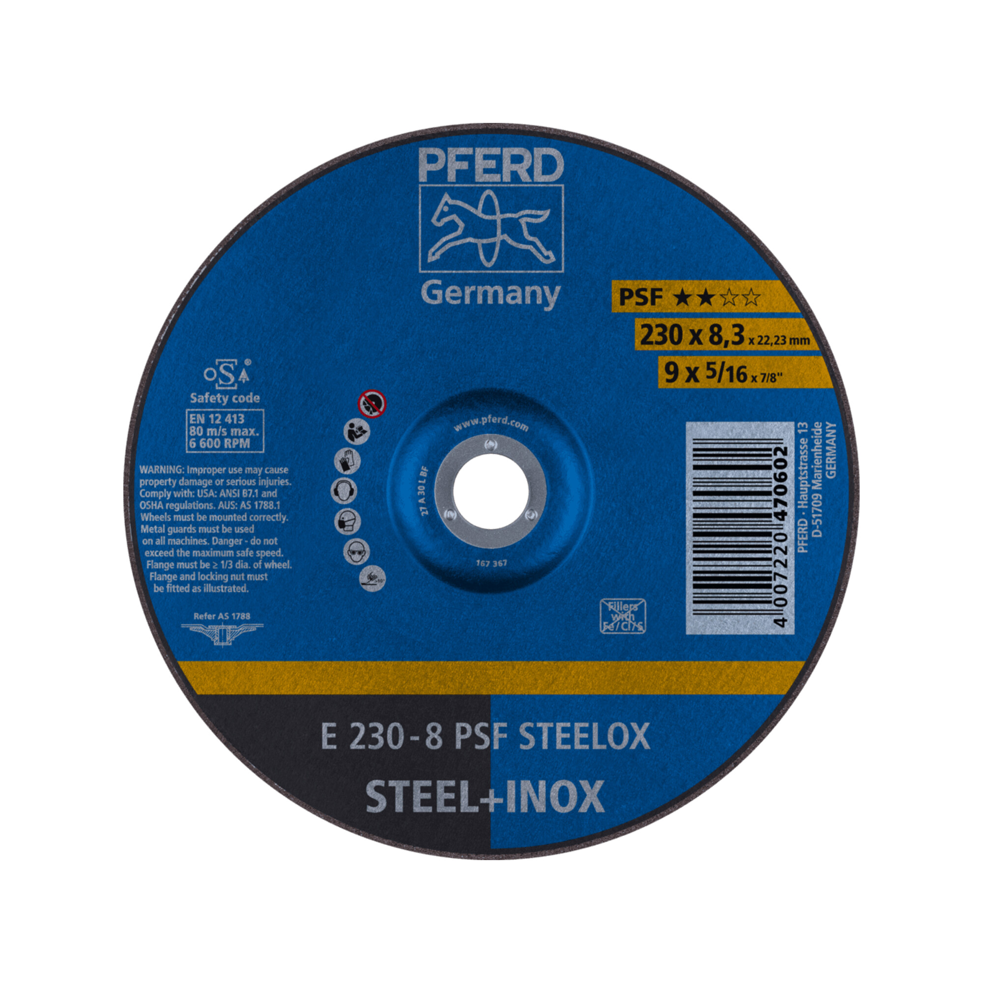 PFERD TOOLS Schruppscheibe E 230x8,3x22,23 mm Universallinie PSF STEELOX für Stahl/Edelstahl