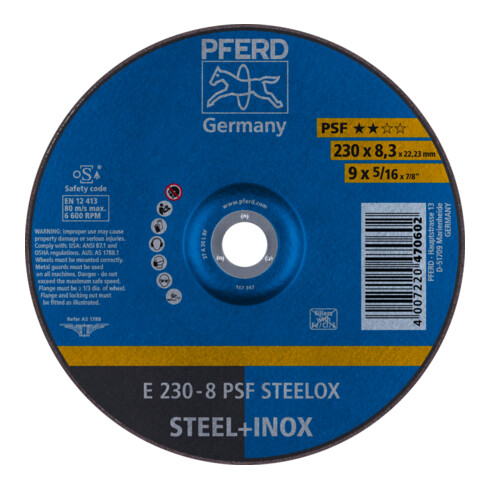 PFERD TOOLS Schruppscheibe E 230x8,3x22,23 mm Universallinie PSF STEELOX für Stahl/Edelstahl