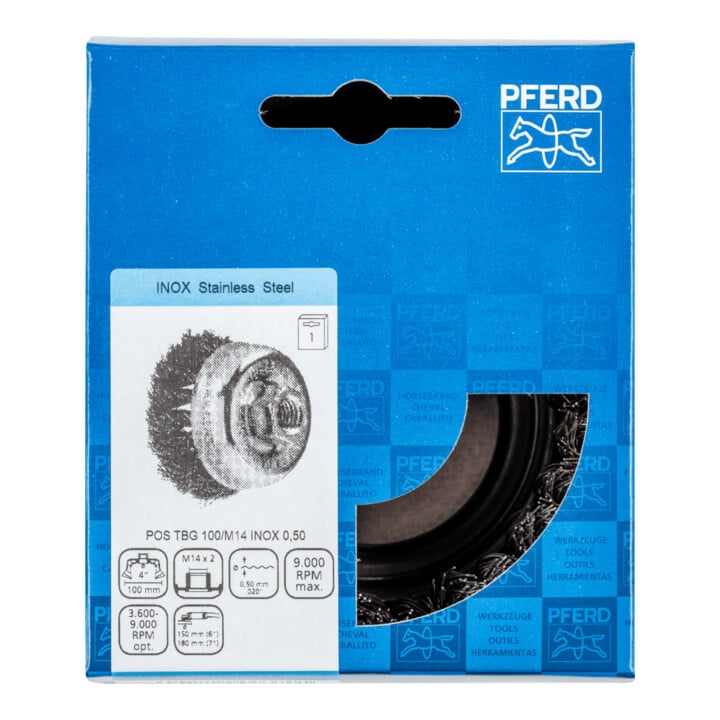 PFERD TOOLS Topfbürste gezopft TBG Ø 100mm M14 Edelstahl-Draht-Ø 0,50mm Winkelschleifer (1)