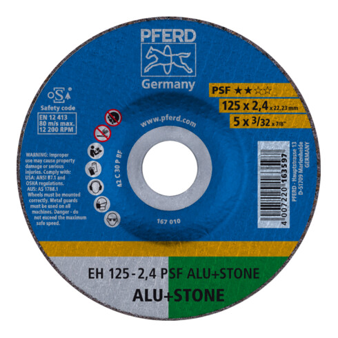 PFERD TOOLS Trennscheibe EH 125x2,4x22,23 mm gekröpft Uni.-Linie PSF ALU+STONE für Alu/NE-Met./Stein (10)