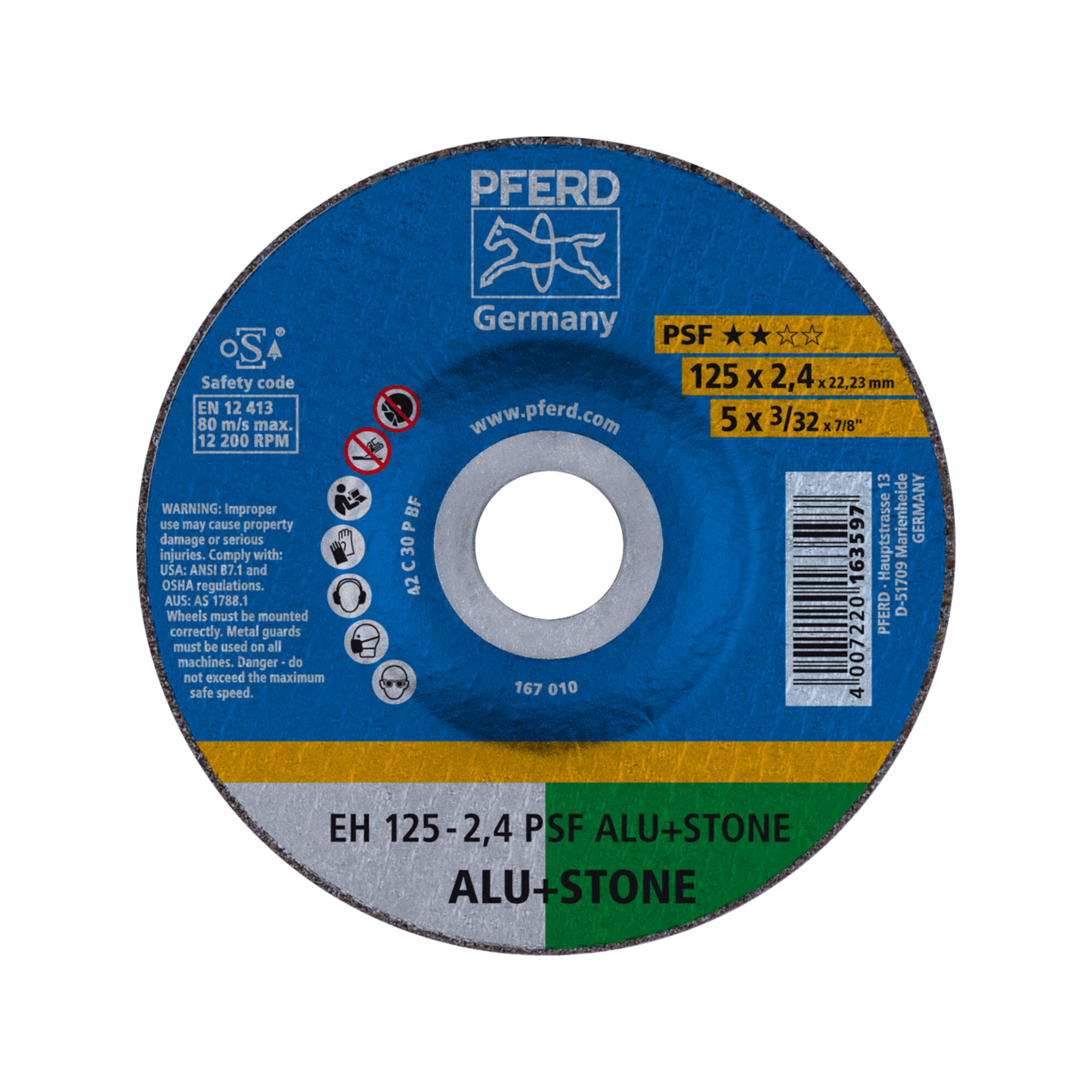 PFERD TOOLS Trennscheibe EH 125x2,4x22,23 mm gekröpft Uni.-Linie PSF ALU+STONE für Alu/NE-Met./Stein