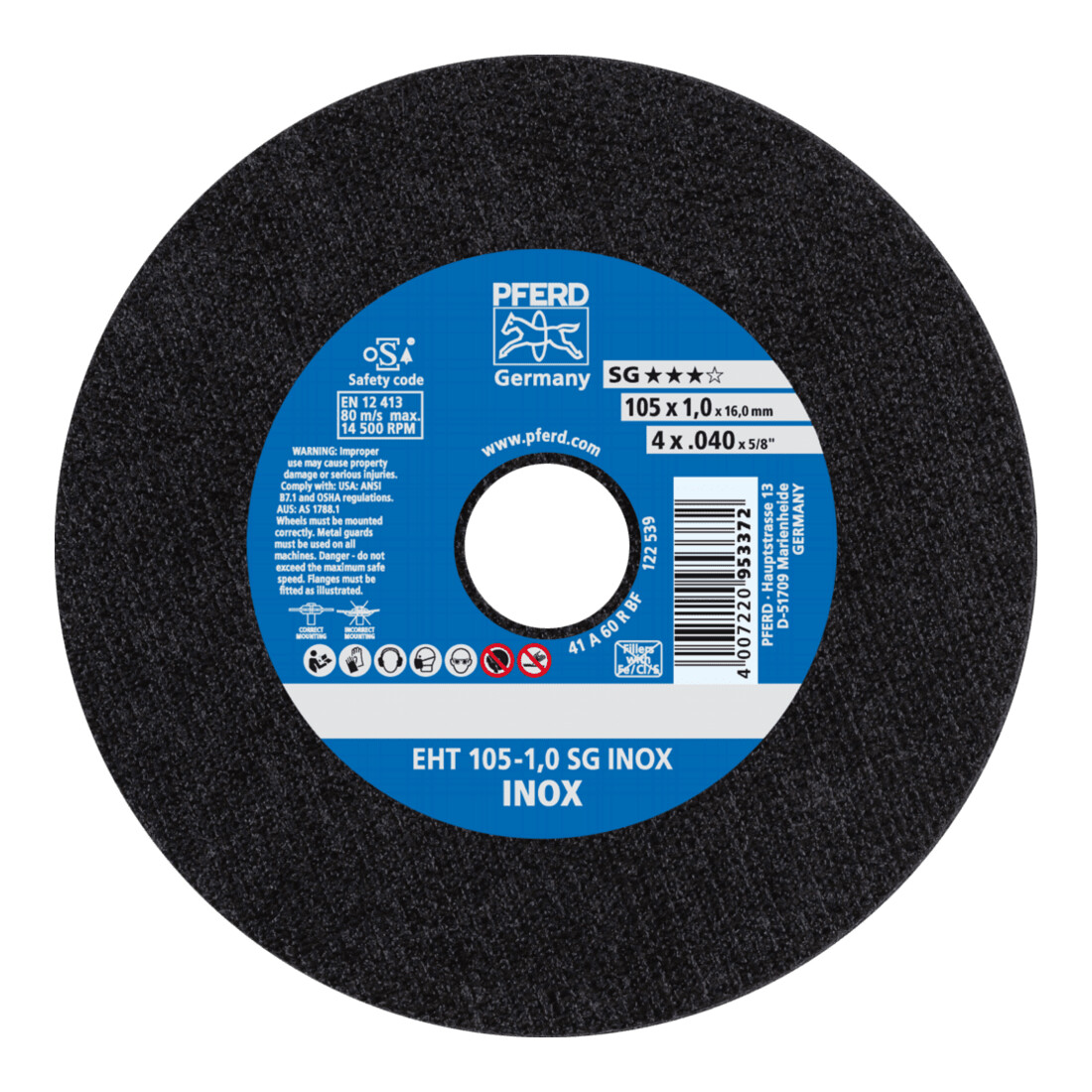 PFERD TOOLS Trennscheibe EHT 105x1,0x16 mm gerade Leistungslinie SG INOX für Edelstahl