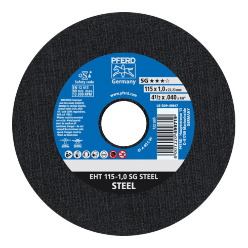 PFERD TOOLS Trennscheibe EHT 115x1,0x22,23 mm gerade Leistungslinie SG STEEL für Stahl