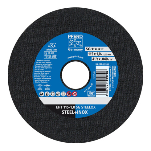 PFERD TOOLS Trennscheibe EHT 115x1,0x22,23 mm gerade Leistungslinie SG STEELOX für Stahl/Edelstahl