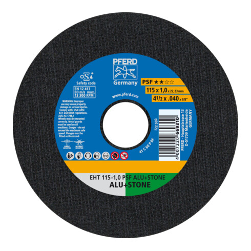 PFERD TOOLS Trennscheibe EHT 115x1,0x22,23 mm gerade Uni.-Linie PSF ALU+STONE für Alu/NE-Met./Stein/PVC