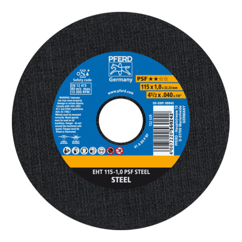 PFERD Trennscheibe EHT 115-1,0 PSF STEEL Stahl 22.23 mm gerade