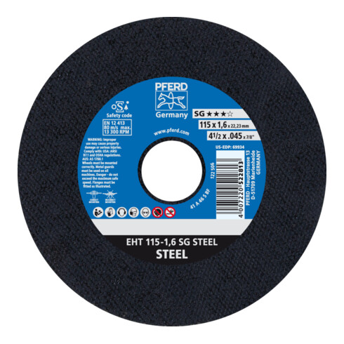 PFERD TOOLS Trennscheibe EHT 115x1,6x22,23 mm gerade Leistungslinie SG STEEL für Stahl