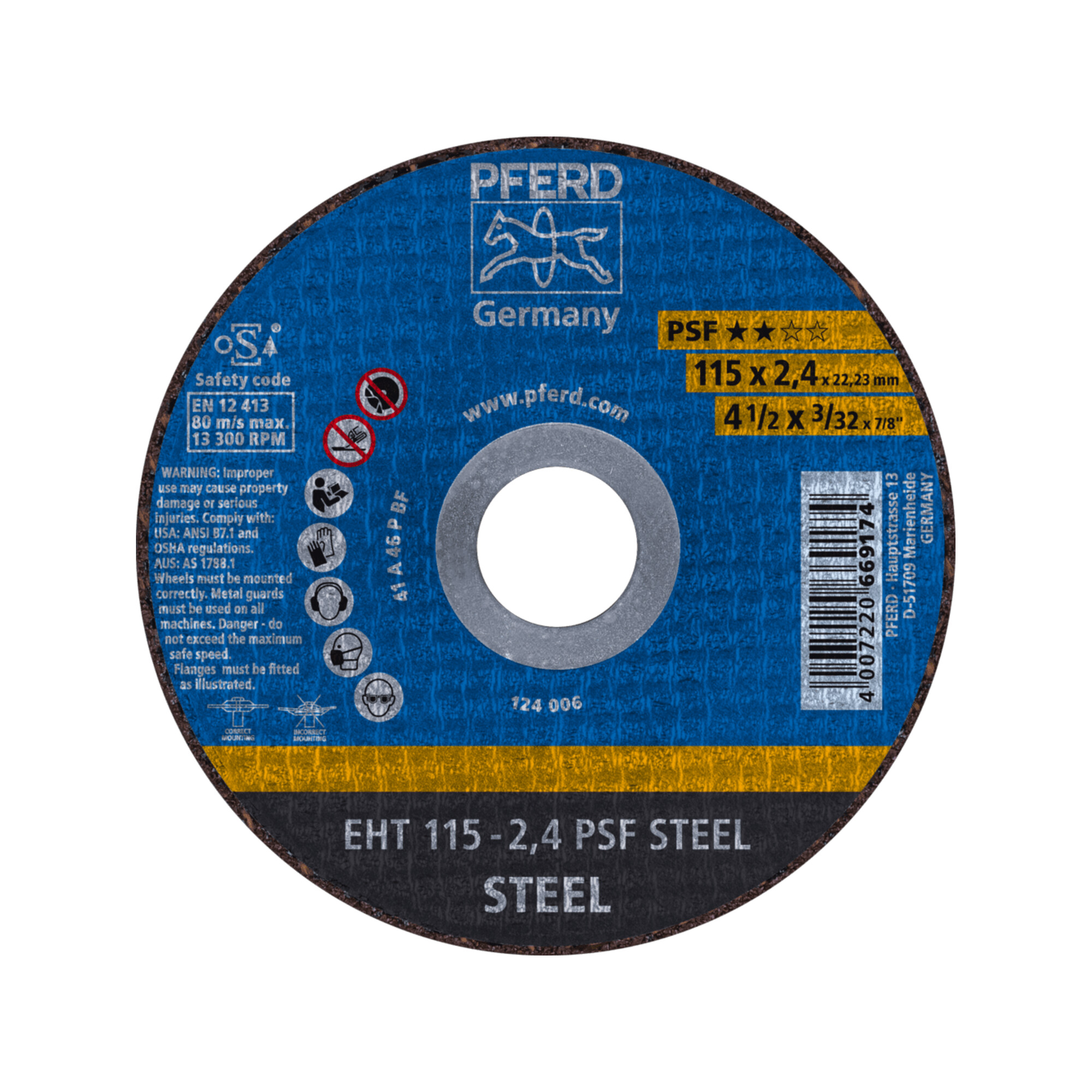 PFERD TOOLS Trennscheibe EHT 115x2,4x22,23 mm gerade Universallinie PSF STEEL für Stahl