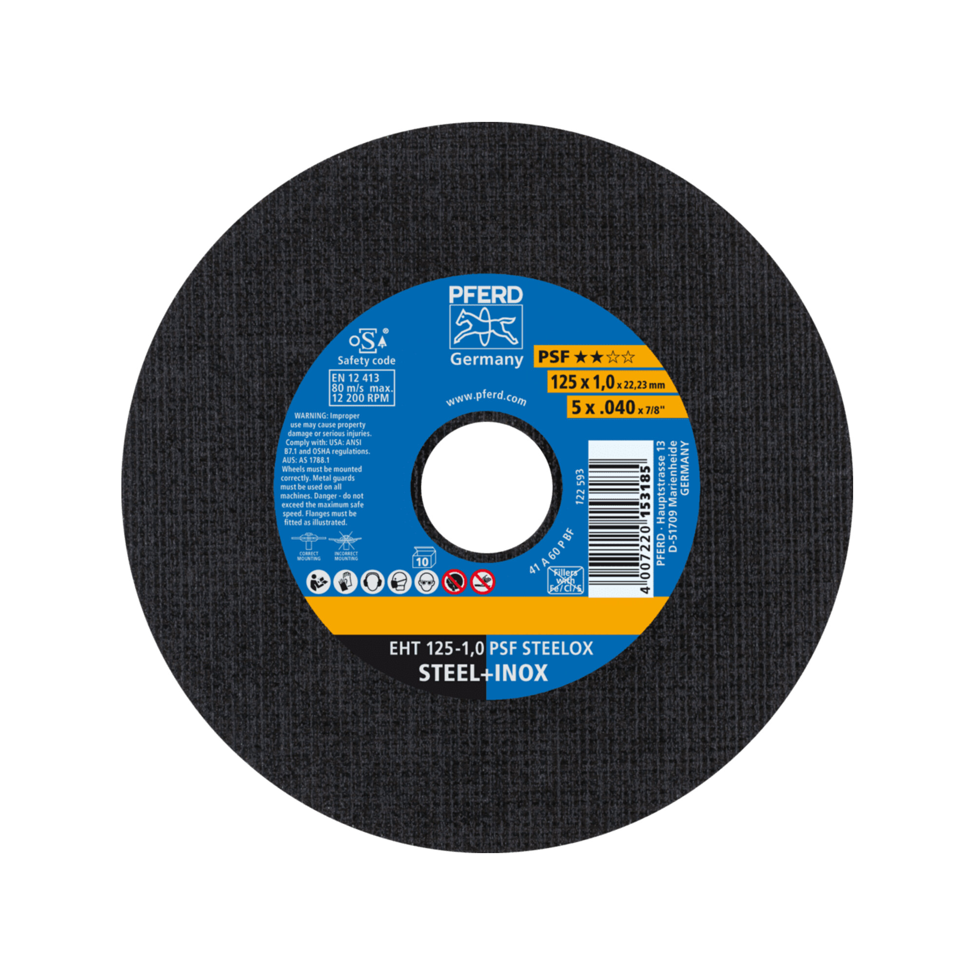 PFERD TOOLS Trennscheibe EHT 125x1,0x22,23 mm gerade Universallinie PSF STEELOX für Stahl/Edelstahl (10)