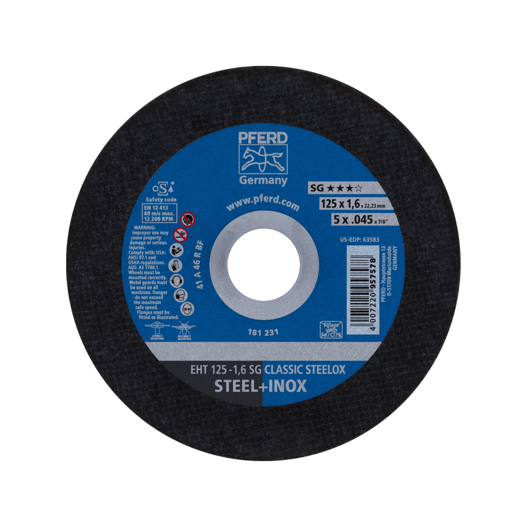 PFERD TOOLS Trennscheibe EHT 125x1,6x22,23 mm gerade Leistungslinie SG CLASSIC STEELOX für Stahl/VA