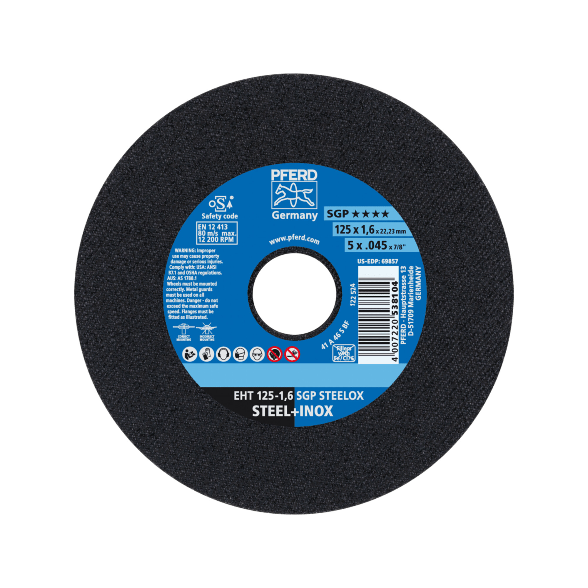 PFERD TOOLS Trennscheibe EHT 125x1,6x22,23 mm gerade Speziallinie SGP STEELOX für Stahl/Edelstahl