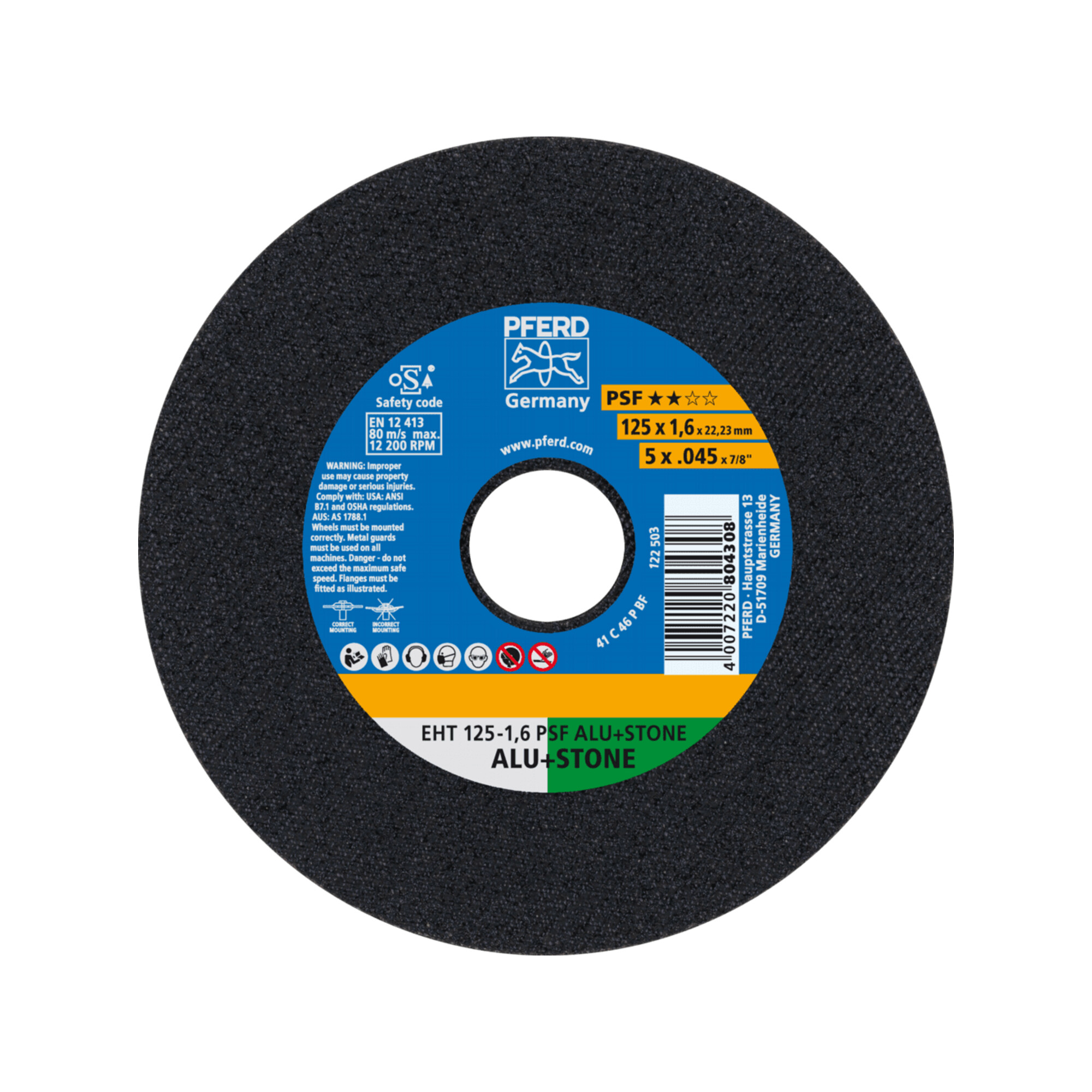 PFERD TOOLS Trennscheibe EHT 125x1,6x22,23 mm gerade Uni.-Linie PSF ALU+STONE für Alu/NE-Met./Stein/PVC