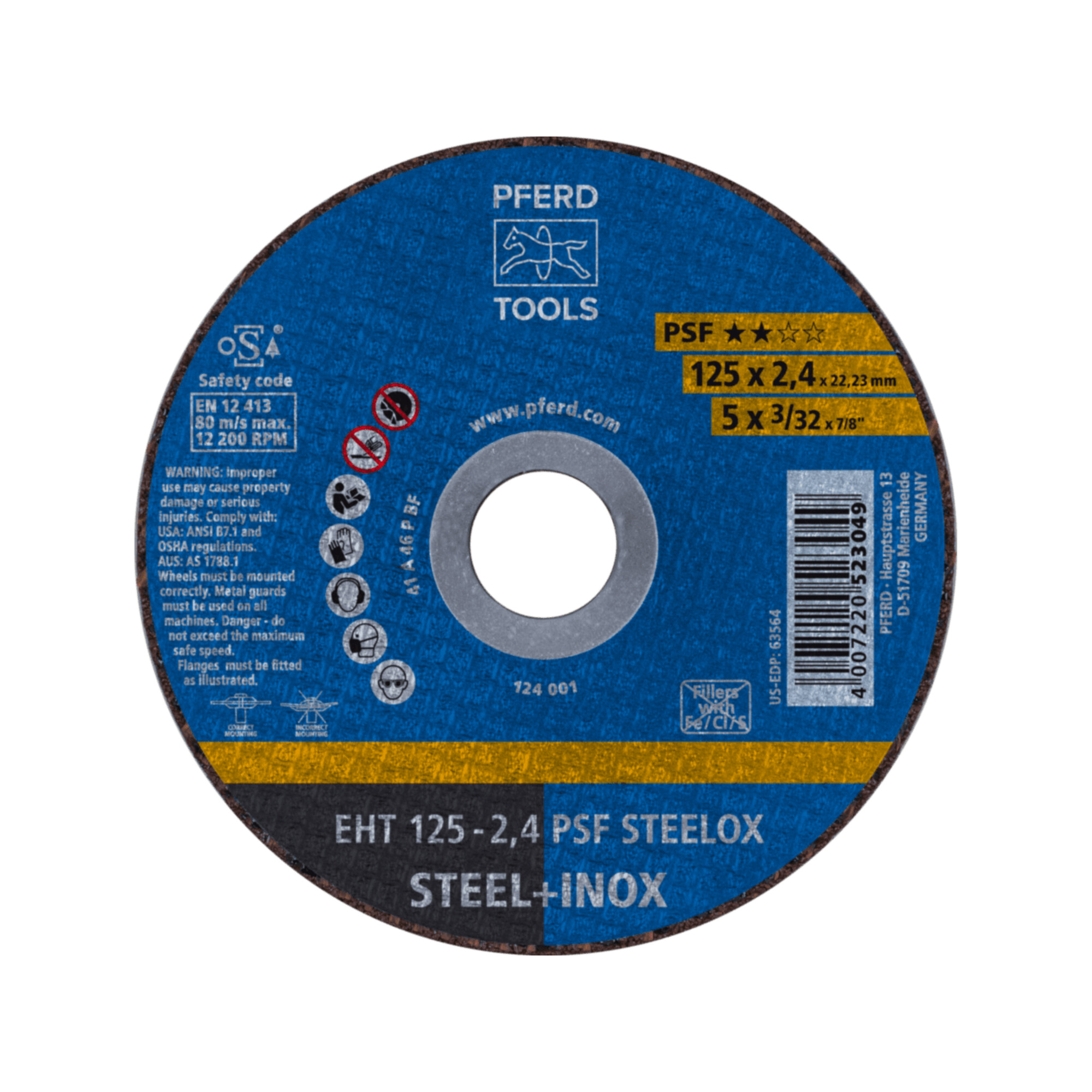 PFERD TOOLS Trennscheibe EHT 125x2,4x22,23 mm gerade Universallinie PSF STEELOX für Stahl/Edelstahl
