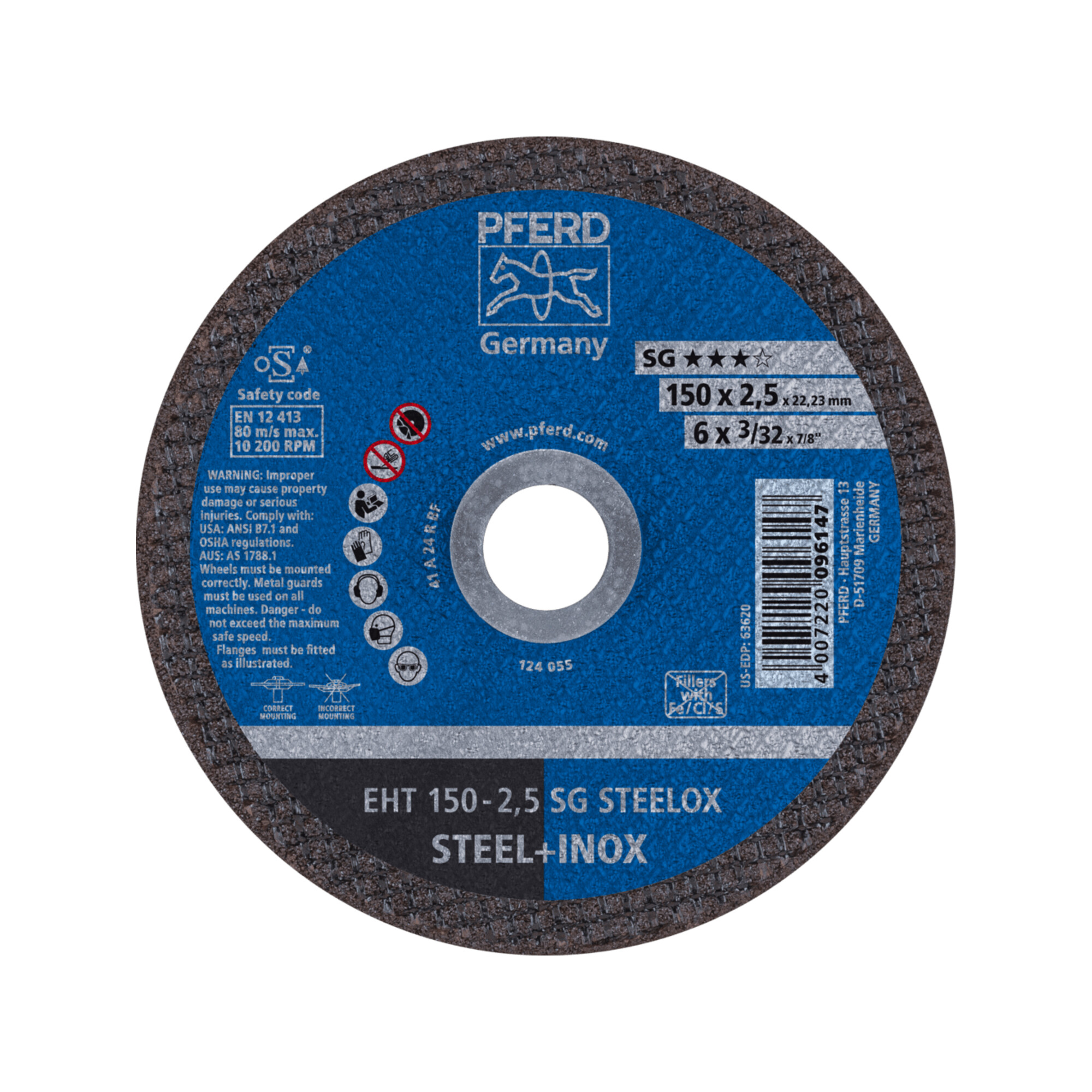 PFERD TOOLS Trennscheibe EHT 150x2,5x22,23 mm gerade Leistungslinie SG STEELOX für Stahl/Edelstahl